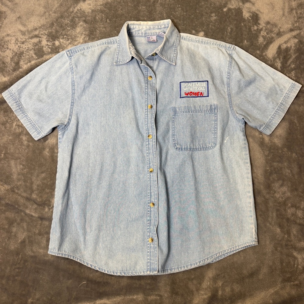 Bay City Sportswear Denim Shirt Women Small Dont Mess With Texas Patch Blue S/S